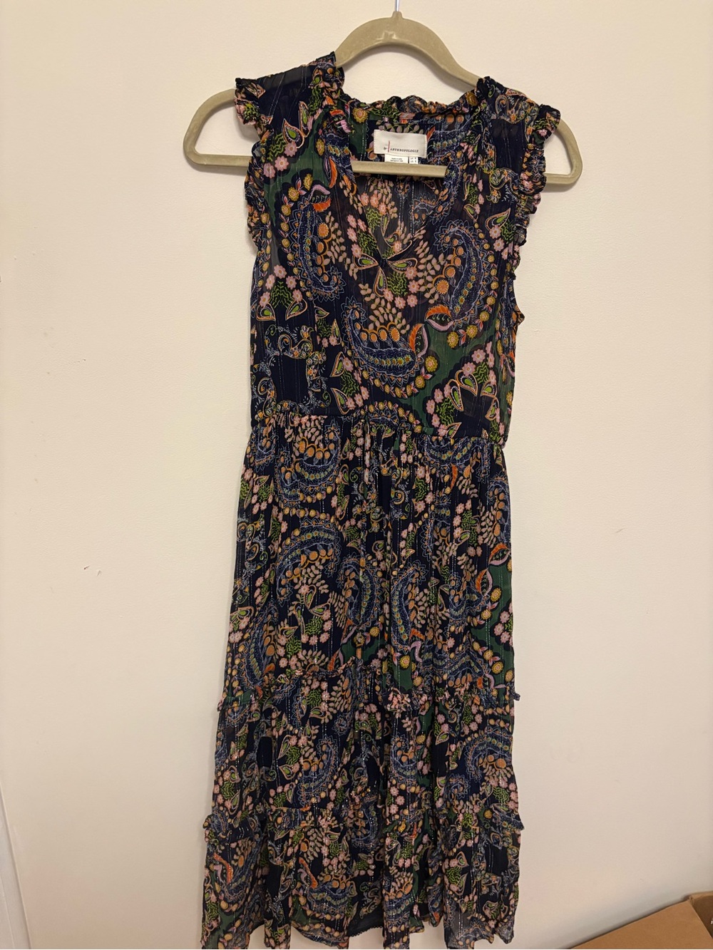 Anthropologie Navy Paisley Floral Midi Dress with Pink & Green Accents